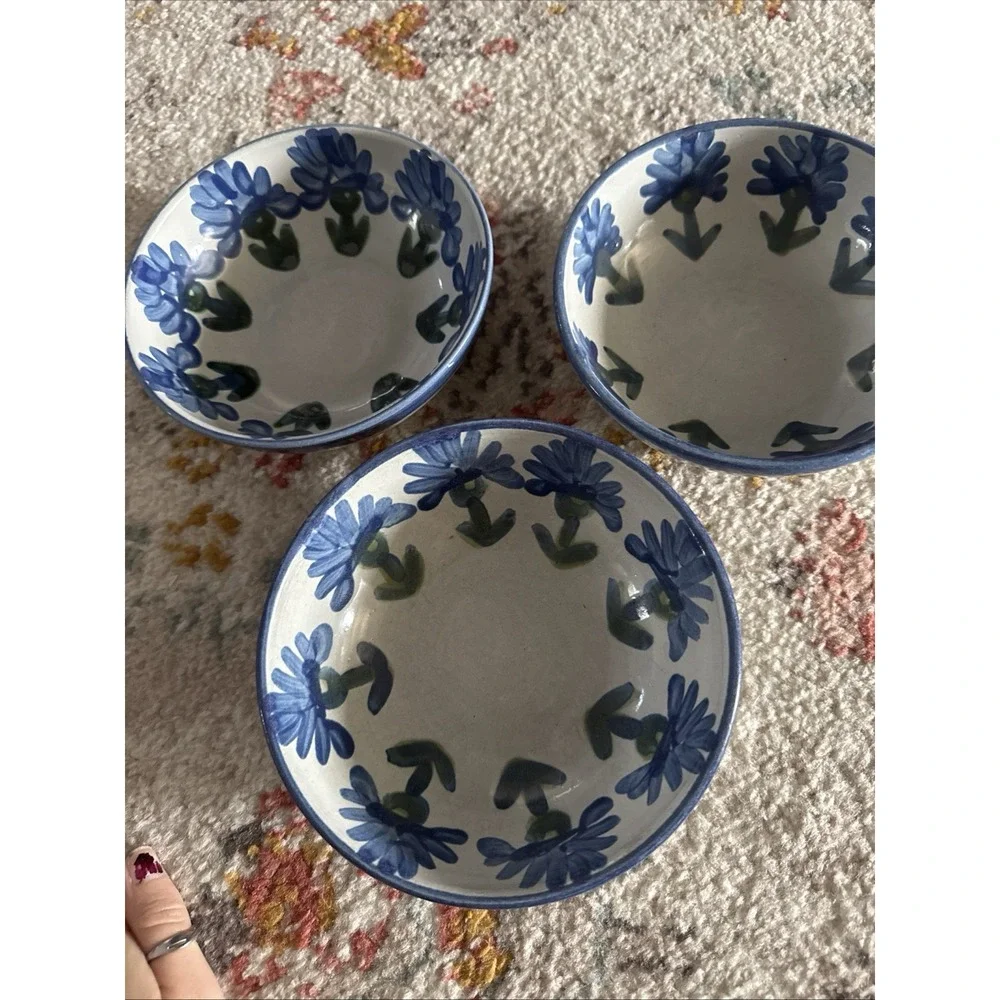 3 Louisville Stoneware Pottery Bachelor Button Coupe Cereal Bowl Blue Cornflower